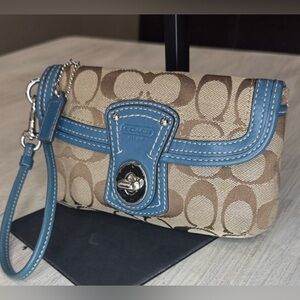 Coach Legacy Turn Lock Monogram Wristlet in Tan and Blue